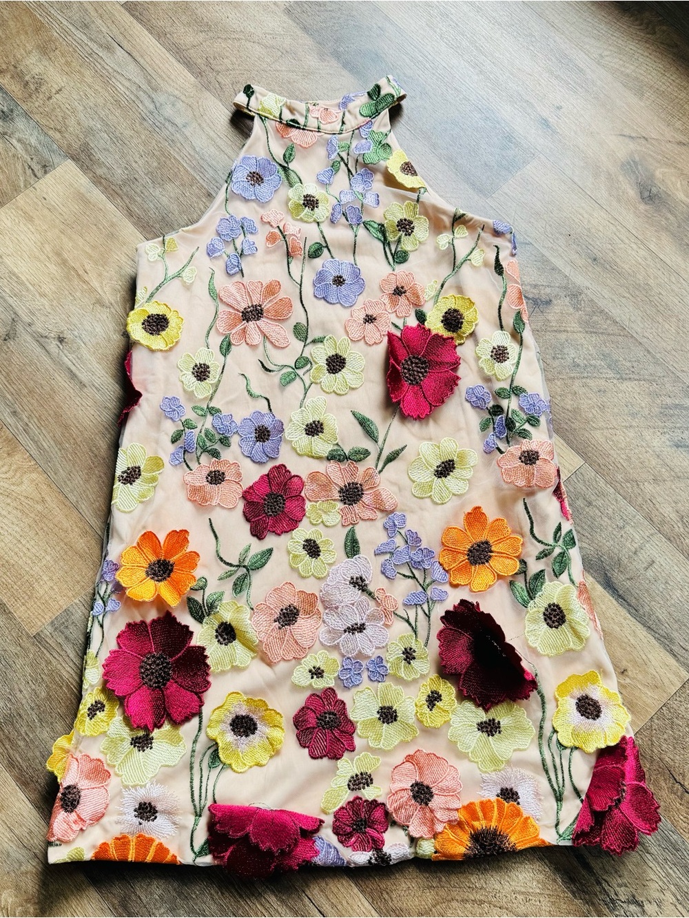 Floral 3D Embroidered Halter Mini Dress L Garden Party Boutique Quality Like New